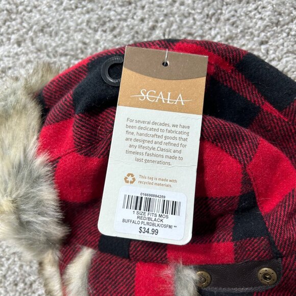 NWT Scala Unisex One Sz Buffalo Plaid Trapper Hat Faux Fur Red - Picture 9 of 10